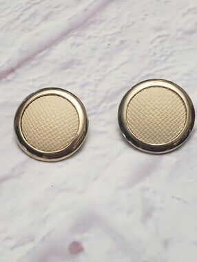 VINTAGE 1970s Large Pierced Earrings Linen-Look Gold & Cream